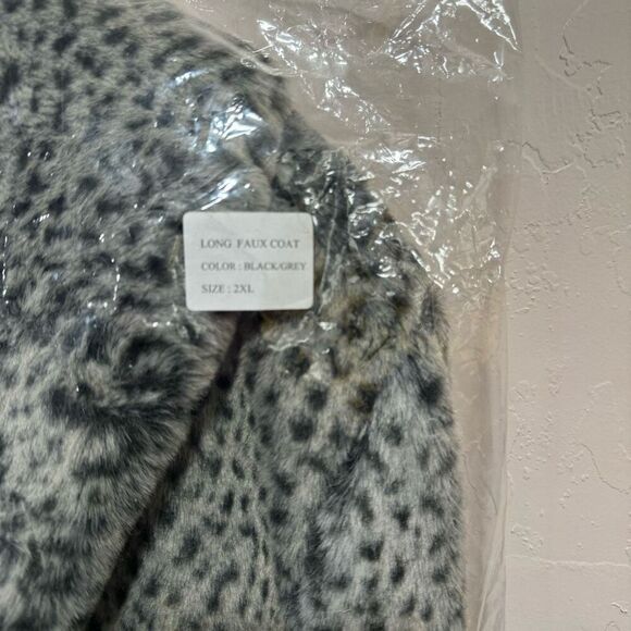 Gray Leopard Print Faux Fur Trench Coat - Picture 6 of 11